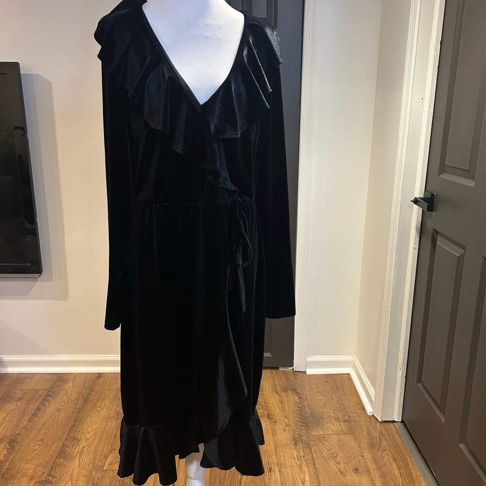 VTG K GLAM Sz XL Black Velvet Midi Ruffle Dress Feminine Romantic Whimsigoth Y2K